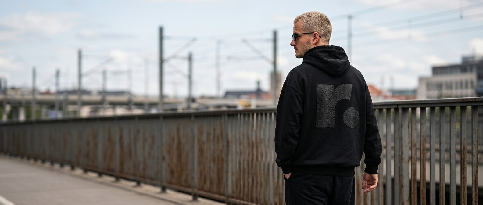 Daniel Röhheuser auf einer Brücke im schwarzen Hoodie mit r. auf dem Rücken
